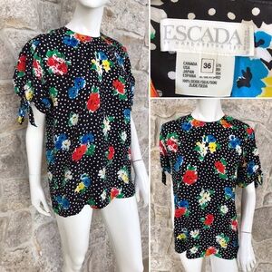 Gorgeous Vintage 1980s Escada Silk Polka Dot Floral Blouse with Tie Sleeves M/L